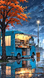 Blue Food Truck Reflection in Rainy Autumn Street Art