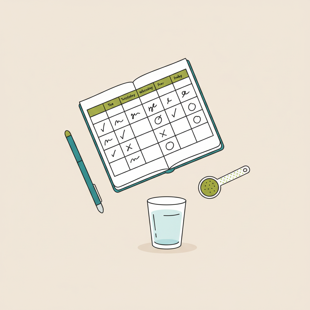 Stillleben: Notizbuch mit schematischem Wochenplan, Stift, Messlöffel Proteinpulver und Glas Wasser, minimalistisch, vegardians Farben, beine po trainingshäufigkeit