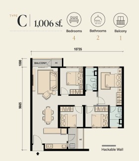 M Aspira Type C floor plan — 1006 sq ft, 3 bedrooms