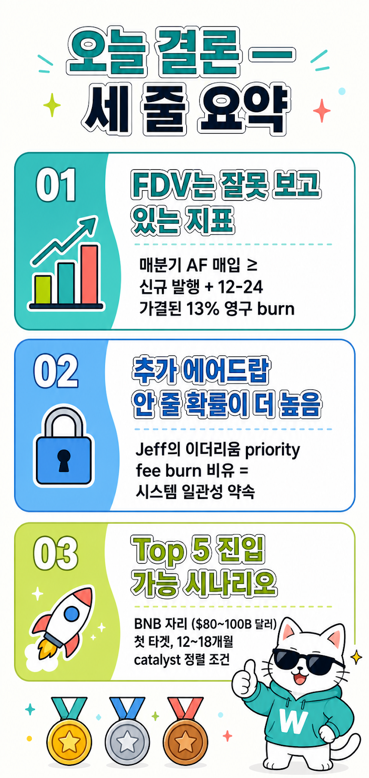 오늘 결론 세 줄 요약 — 01 FDV는 잘못 보고 있는 지표 / 02 추가 에어드랍 안 줄 확률이 더 높음 / 03 Top 5 진입 가능 시나리오