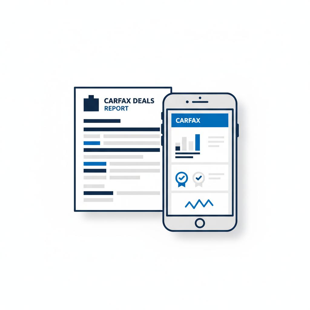 Minimalist 2D vector of a printed vehicle history report beside a smartphone showing graphical price analysis visuals and badges for cars for 20k on a white background