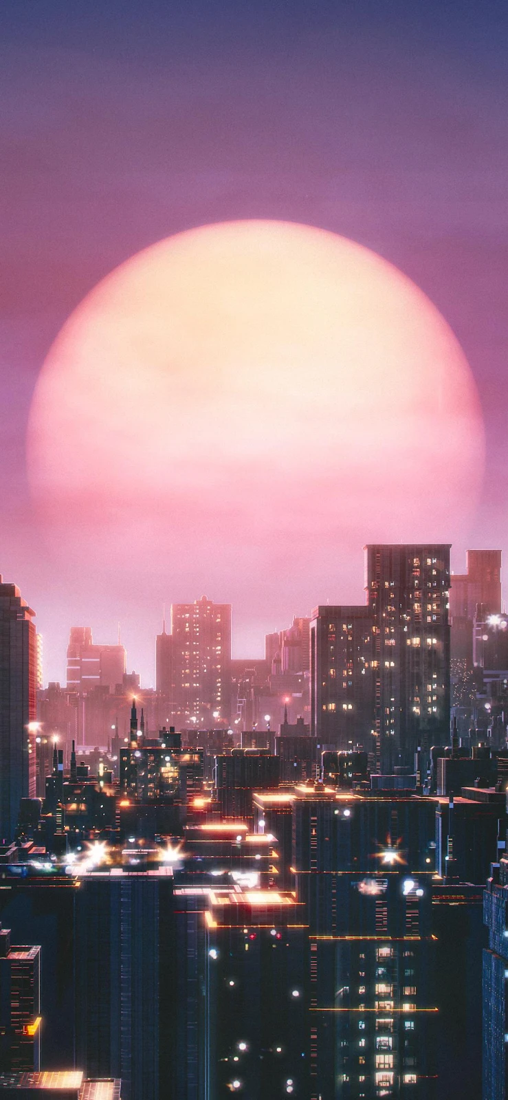 Pink Neon Sunset Cityscape - Synthwave Art Full HD iPhone Wallpaper (1168x2530)