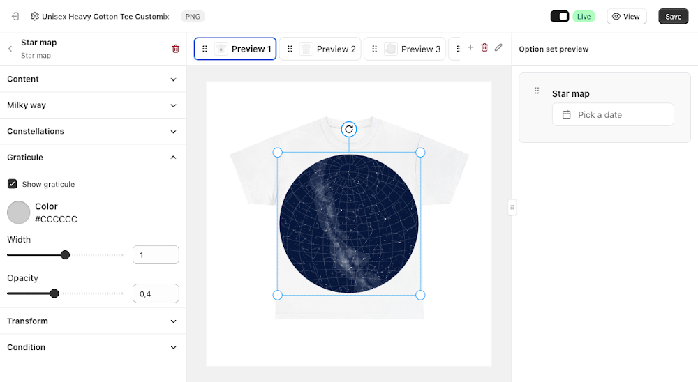 Graticule panel with Show graticule checked and Color, Width, Opacity fields, grid visible on the canvas map