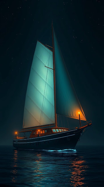 Illuminated Sailboat Navigating Starry Ocean Night - Free mobile Wallpaper