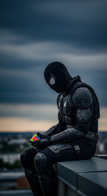 Cinematic Dark Figure Holding Rubik's Cube on Rooftop at Dusk - Free mobile Wallpaper