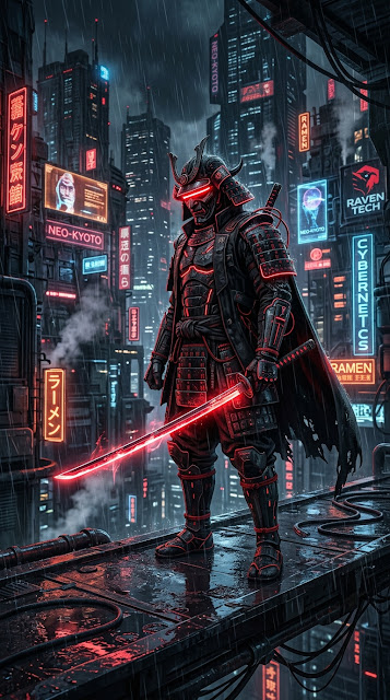 Cyberpunk Samurai Illustration in Black Armor with Glowing Red Neon Accents - Free mobile Wallpaper