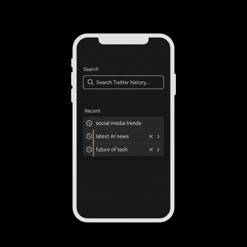 Minimal vector phone screen with search field and recent searches dropdown in Social Success Hub colors to view Twitter search history