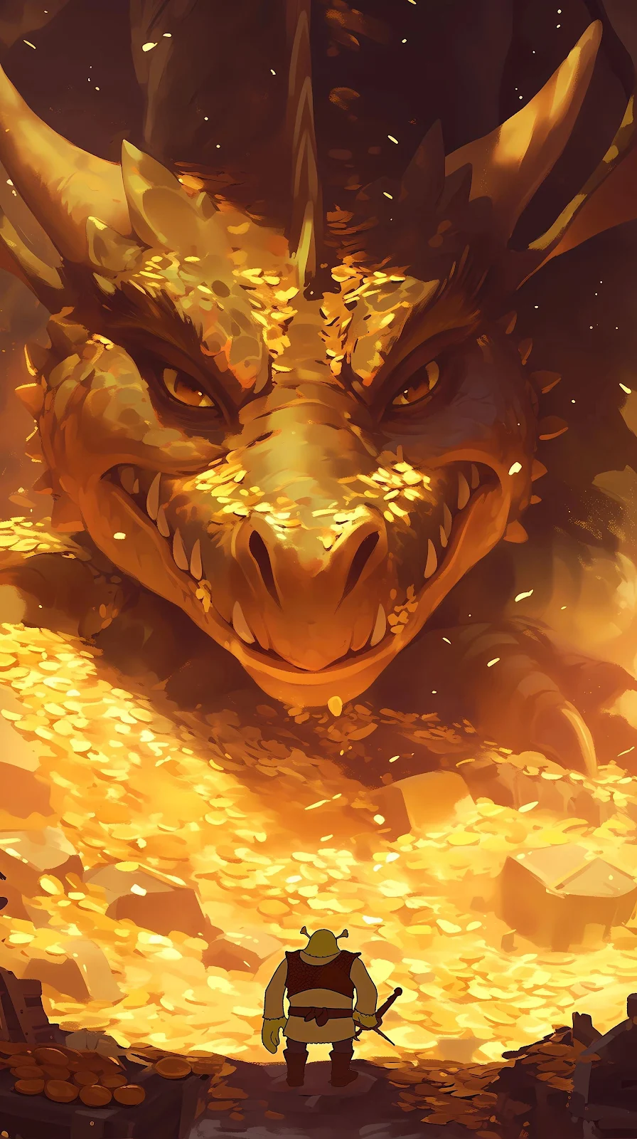 Shrek Facing The Giant Dragon - Fantasy Digital Illustration 4K iPhone Wallpaper (2240x4000)