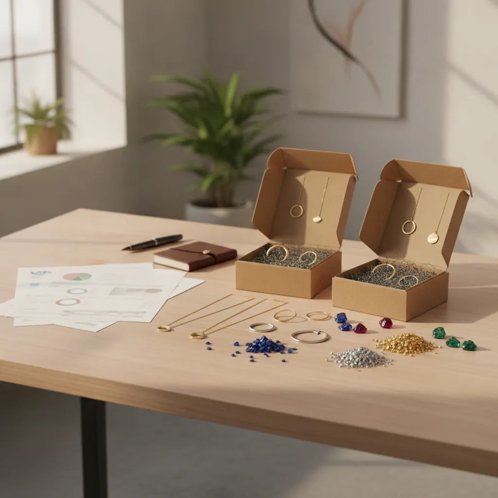Sustainable OEM jewelry concept with premium jewelry samples, recycled materials, and packaging for brand manufacturing evaluation