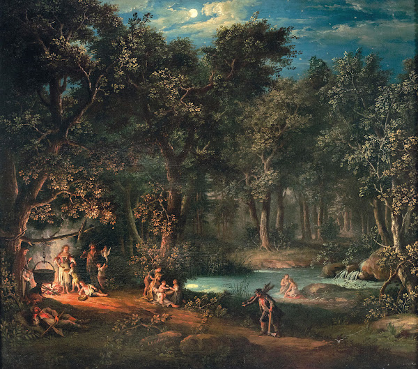 Figures by an encampment in a nocturnal landscape