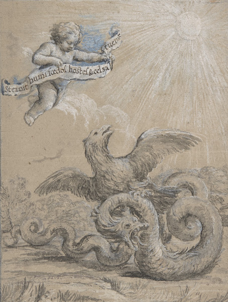 Design with an Eagle Fighting with a Serpent and a Putto in the Sky Holding an I