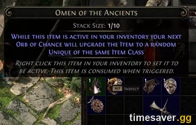 PoE2 Omen of the Ancients crafting tooltip — targets an Orb of Chance to upgrade an item into a random unique