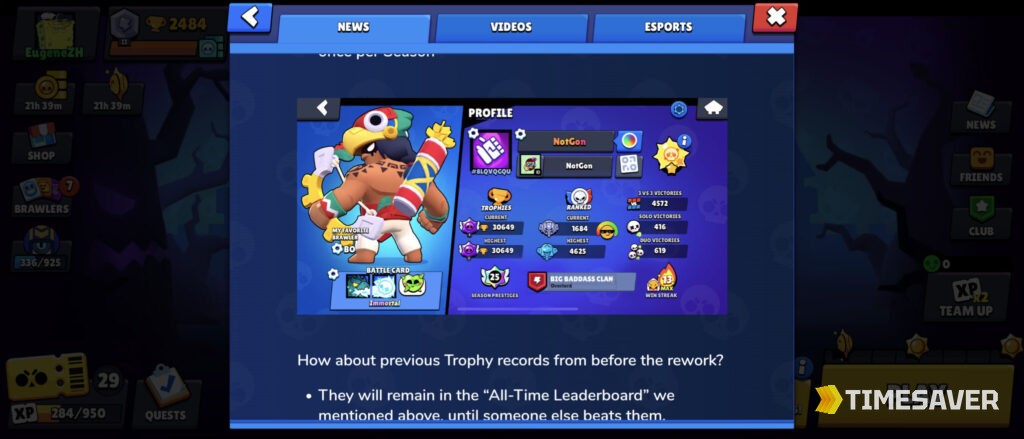 Brawl Stars profile screen after the trophy rework showing current and highest trophies, season prestiges and win streak stats