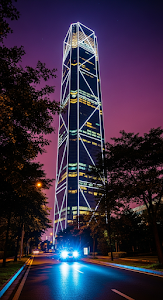 Nighttime Low Angle of Illuminated Modern Skyscraper Framed by Trees and Street