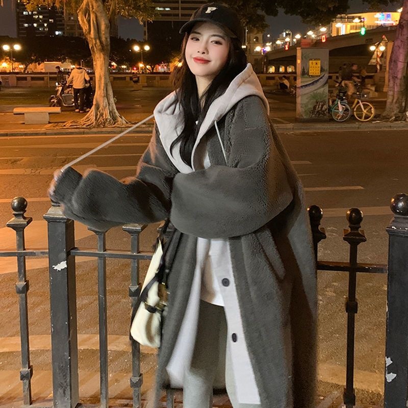 Lamb Fleece Hooded Coat for Women, Long, Loose Fit