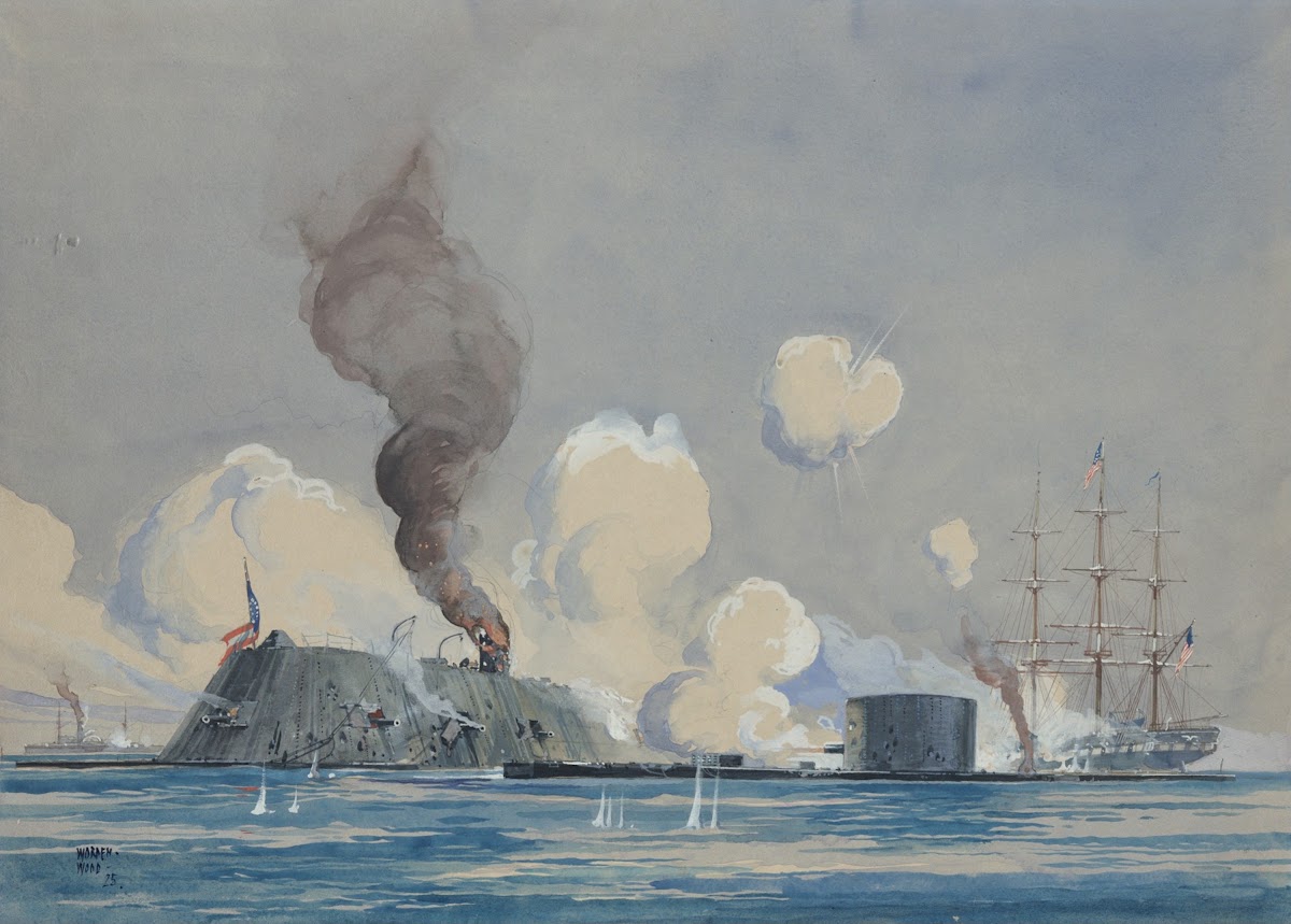 Action between USS Monitor and CSS Ram Merrimac in Hampton Roads VA CivilWar