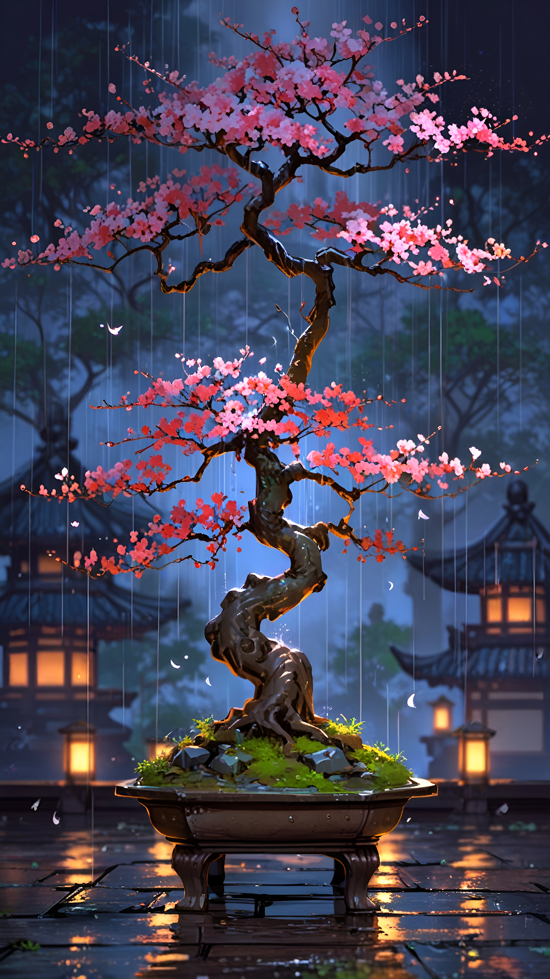 Cherry Blossom Bonsai Tree in Rain with Japanese Lanterns - Free 4K mobile Wallpaper