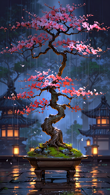 Cherry Blossom Bonsai Tree in Rain with Japanese Lanterns - Free mobile Wallpaper