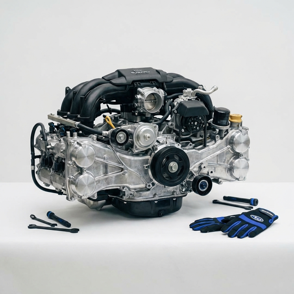 Close up Subaru Toyota engine boxer layout in a BRZ style engine bay on white background with subtle 3666ed blue tooling accents