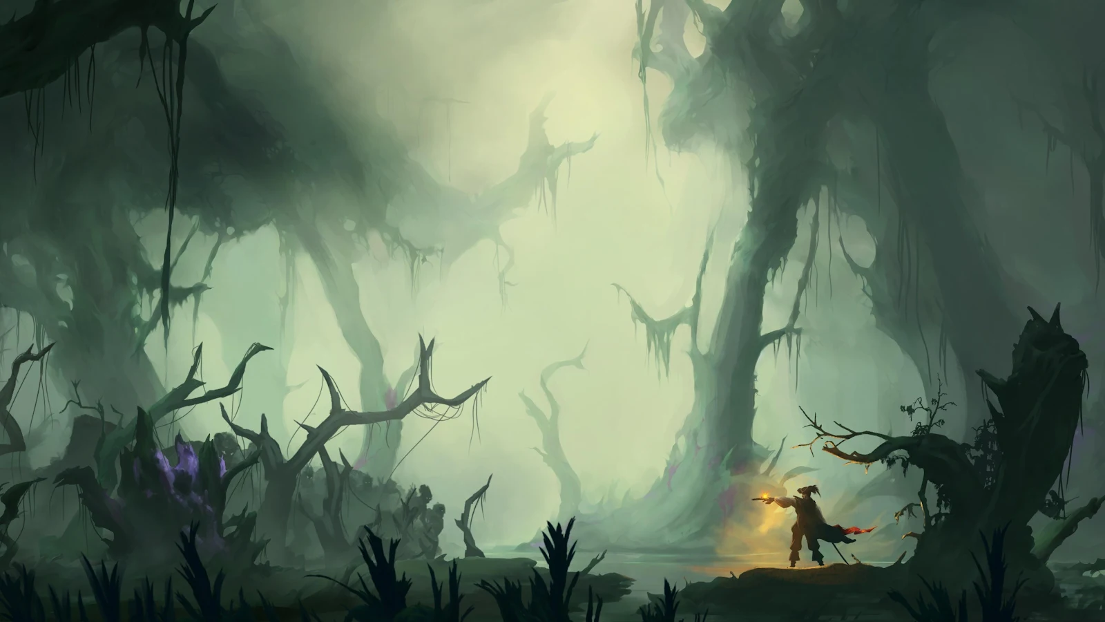 Explorer in a Haunted Forest - Digital Fantasy Art 4K Wallpaper (3840x2160)