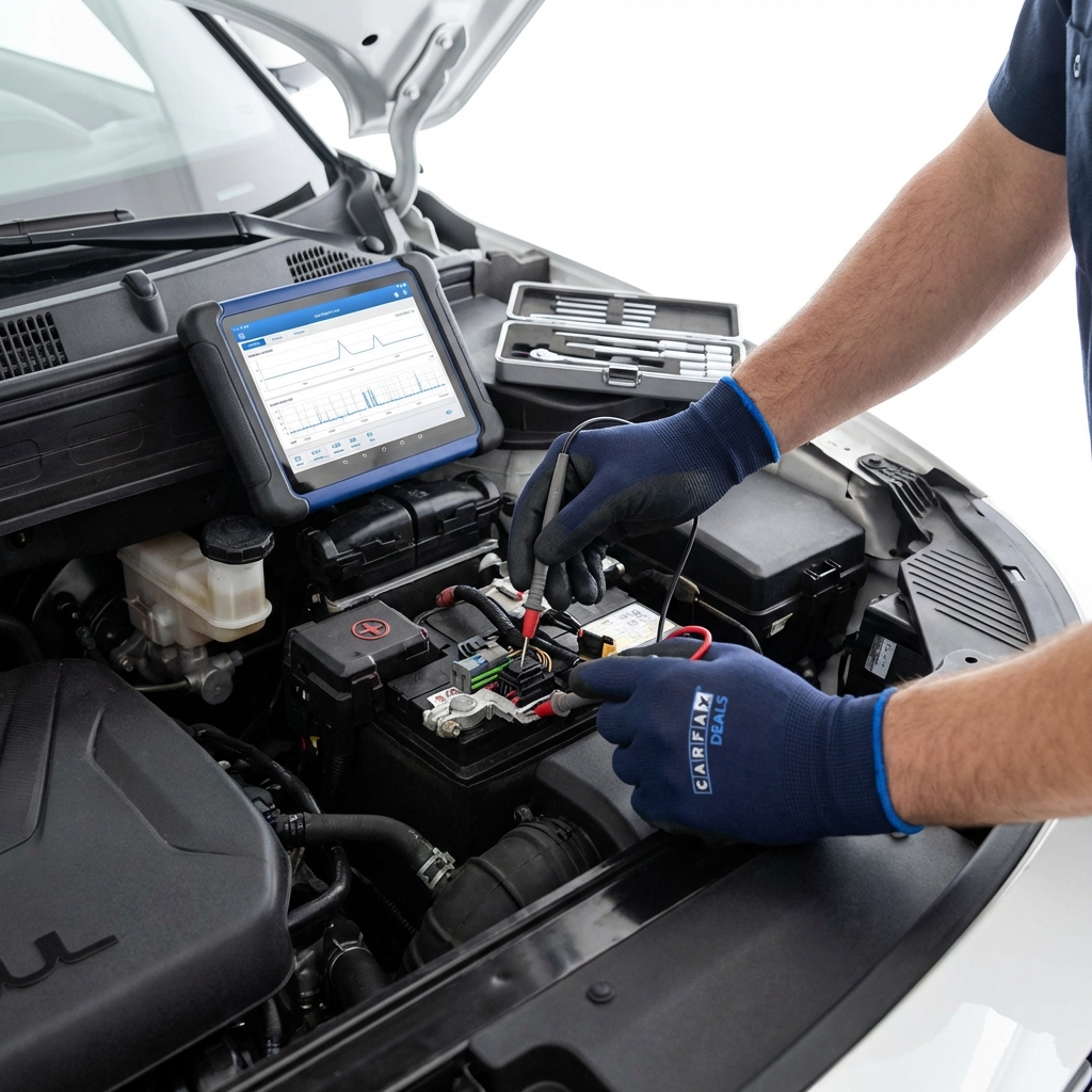 Close up mechanic inspecting Kia Soul engine bay focusing on electrical connectors and wiring during pre purchase inspection kia souls for sale