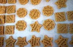 Bật lò ở 180 độ C trước đó khoảng 15-20 phút, xếp bánh quy đã cắt vào khay(cookies), cho vào lò nướng 10-12 phút đến khi bánh chín vàng nâu là được. Để bánh nguội hẳn là có thể dùng. Có thể bảo quản kín dùng dần để bánh vẫn luôn được giòn.