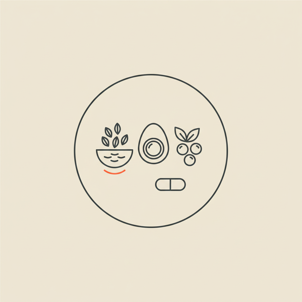 Minimal Tonum-style line illustration of a plate with oats, an egg, berries and a small capsule on beige background, representing downsides of mass gainers