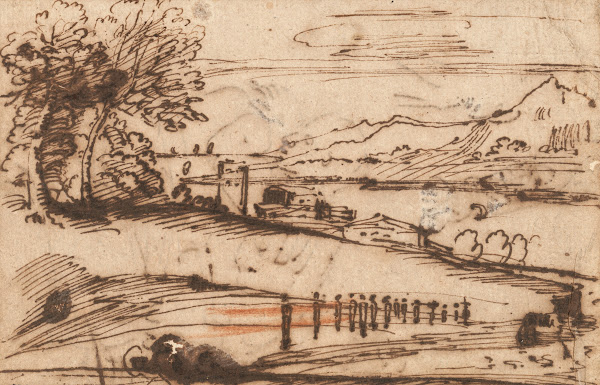 An extensive coastal landscape with a procession of figures in the foreground an