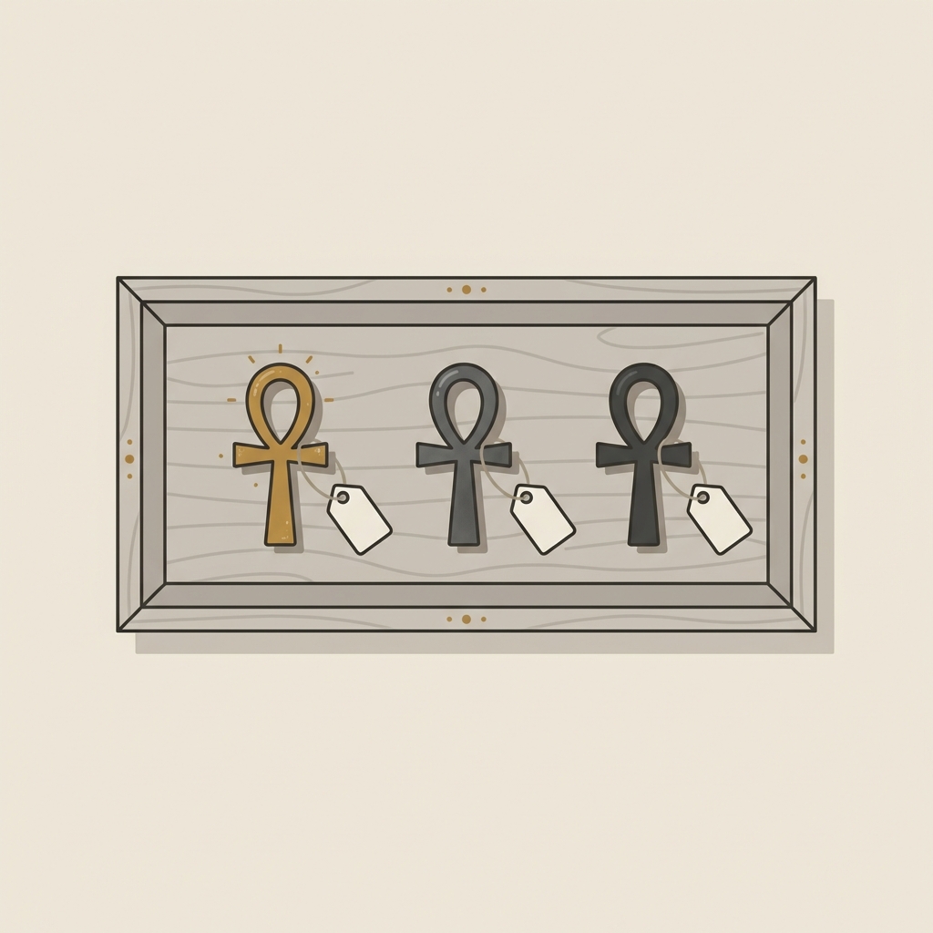 Minimalist 2D vector comparison of three egyptian ankh ring finishes on a wooden tray gold plated oxidised silver and blackened with blank tags on neutral background