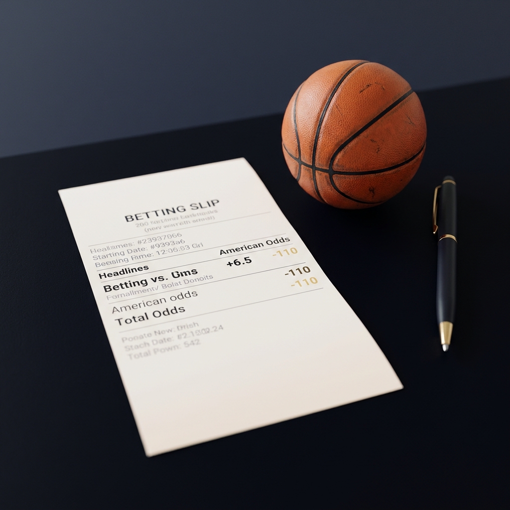 Close up of a betting slip showing plus 6.5 line and American odds on a dark desk with a small basketball and pen minimal composition for nba betting guide