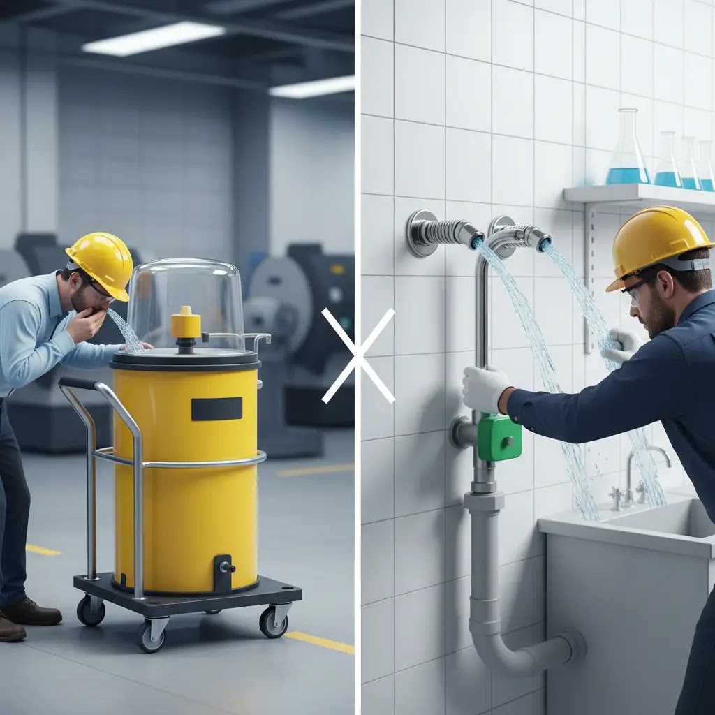 Perbedaan eyewash portable vs eyewash dinding (plumbed)