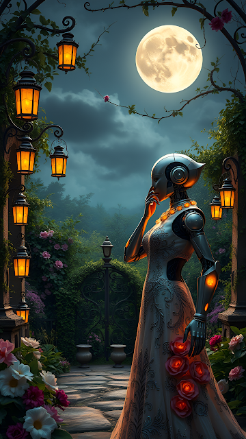 Elegant Cyborg Android in Moonlit Gothic Rose Garden - Free mobile Wallpaper