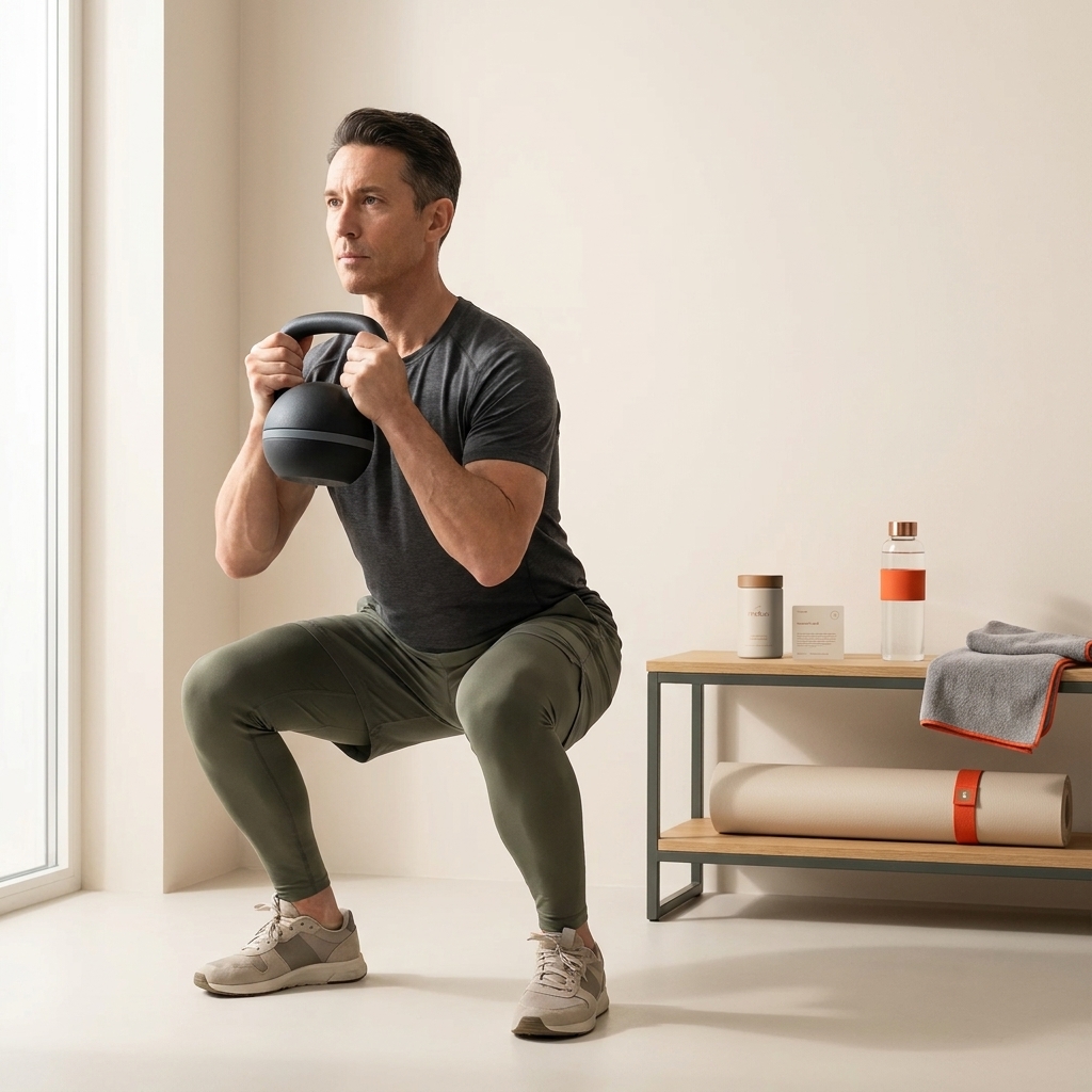 Person in their 40s doing a goblet squat in a minimalist home gym with a Tonum supplement bottle visible on a bench, illustrating how to increase metabolism at 40