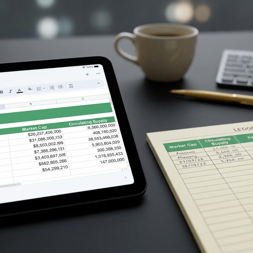 Closeup spreadsheet and calculator showing Market Cap and Circulating Supply fields for crypto to invest in minimalist Finance Police branded dark workspace with green headings