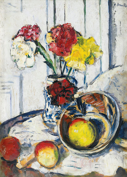 Still Life Of Apples And Flowers In A Blue Vase