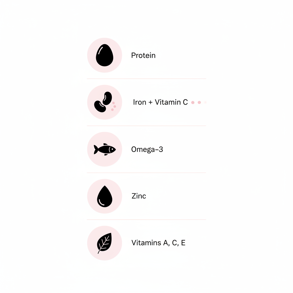 Minimalistische 2D-Vektor-Infografik zu Nährstoffe für Nägel mit Icons Ei, Fisch, Linse, Blatt, Tropfen in NailX-Farben auf weißem Hintergrund.