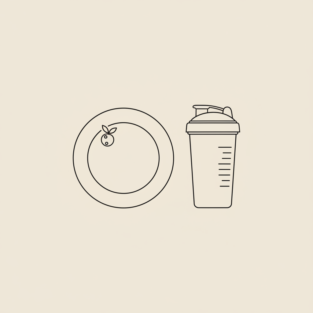 Minimalist line-art of a plate, shaker bottle, and small berry on a beige background, illustrating protein shakes for weight loss