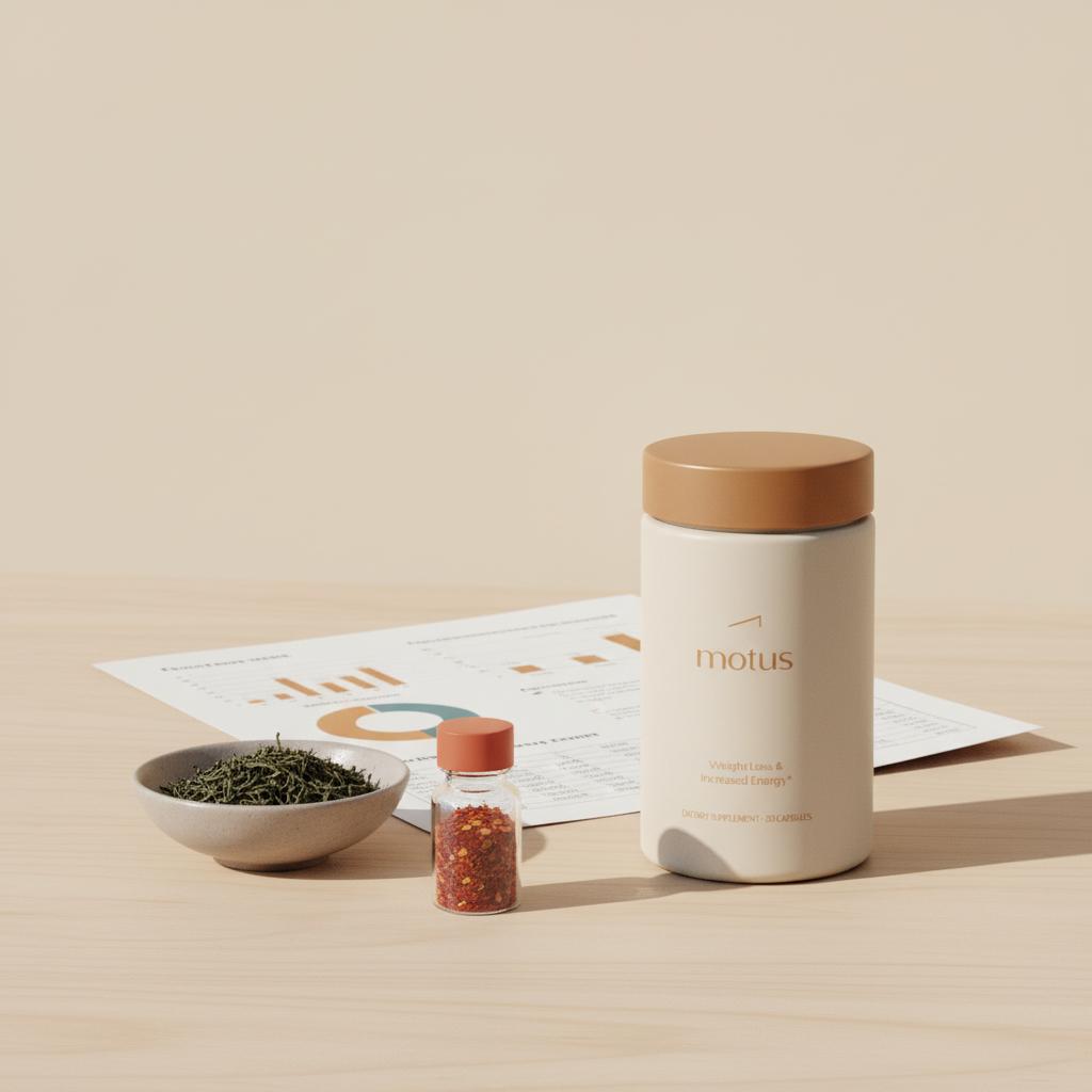 Minimalist product photo of the Tonum Motus container with green tea leaves and chili flakes beside a folded research printout, illustrating what herb burns the most fat