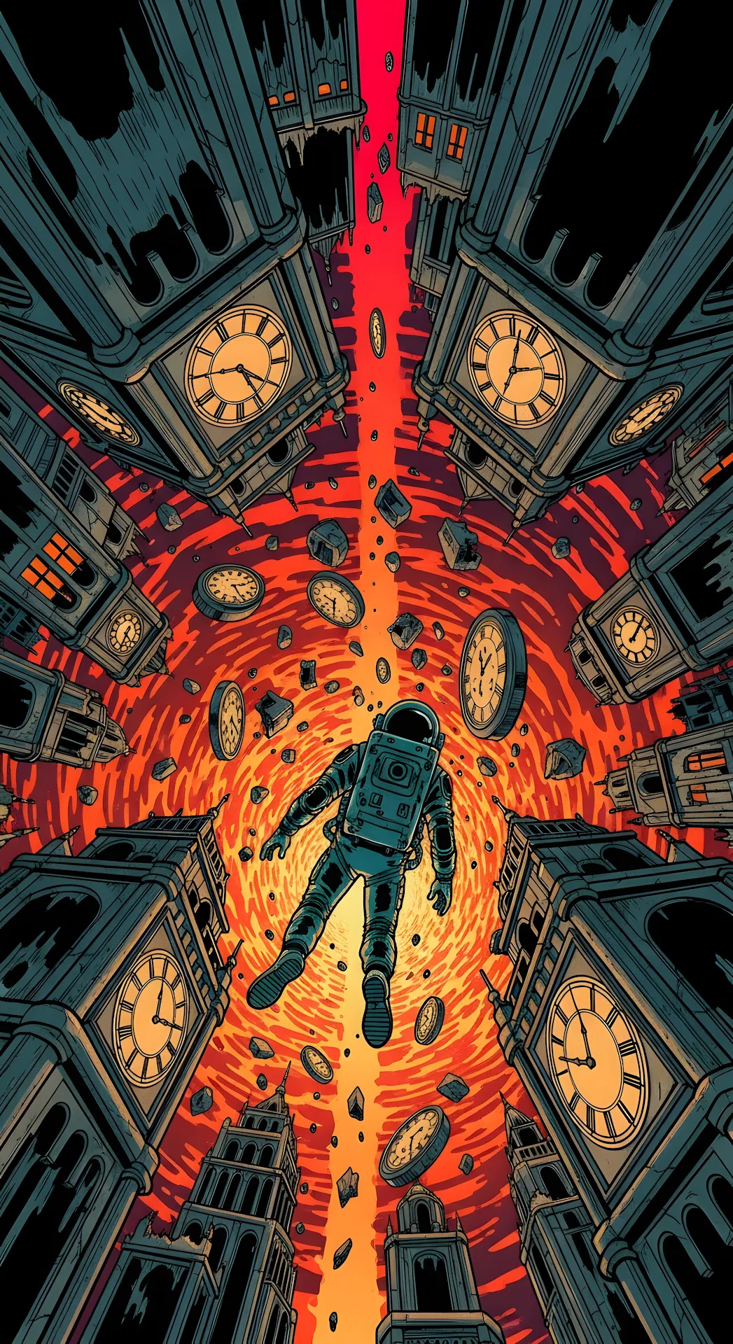 Astronaut Falling Through Time Vortex Clock Towers Comic Art - Free 4K mobile Wallpaper