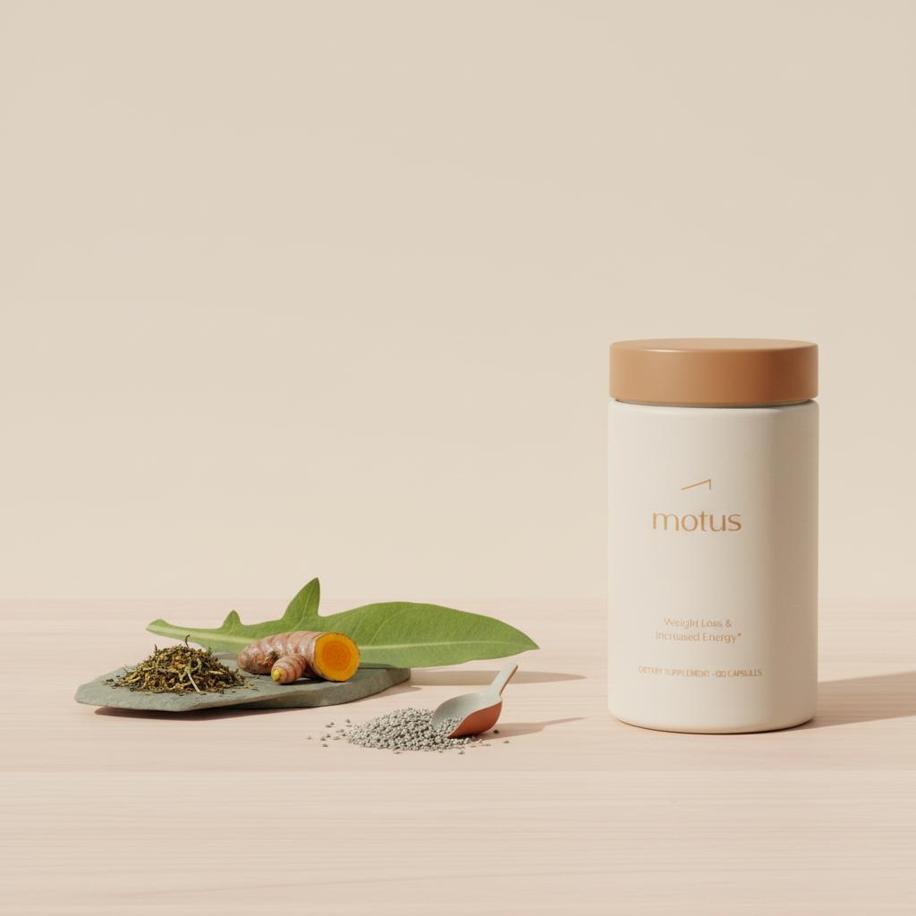 Still-life of Tonum supplement container with milk thistle seeds, fresh turmeric root, artichoke leaf and loose dandelion tea on wooden table — best herb to heal the liver