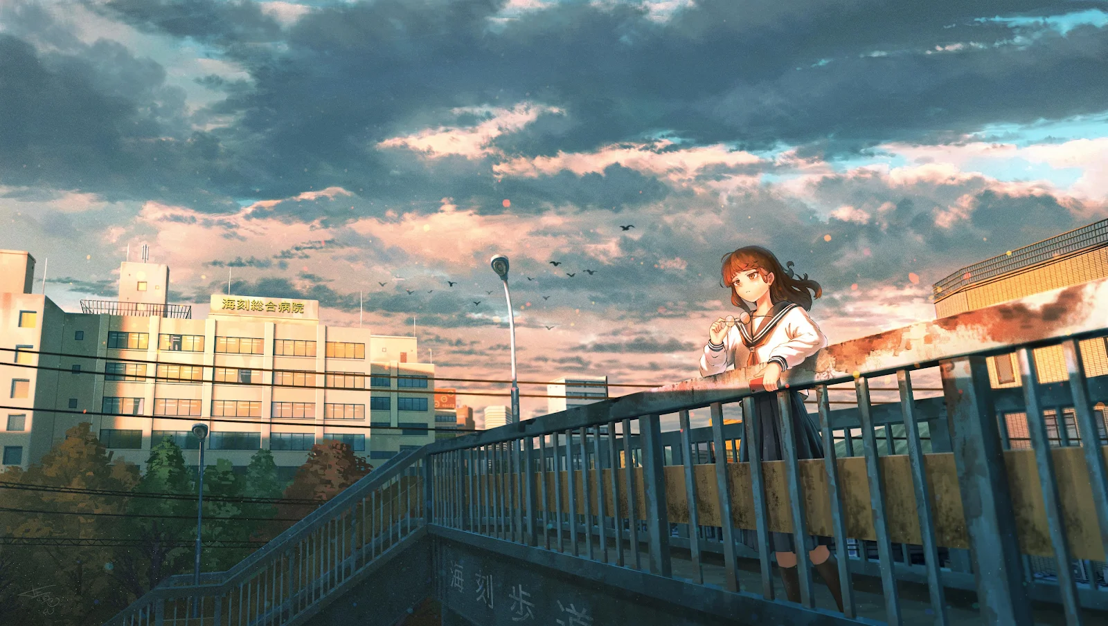 Anime Girl On Urban Bridge - Anime Illustration 4K Wallpaper (4000x2262)