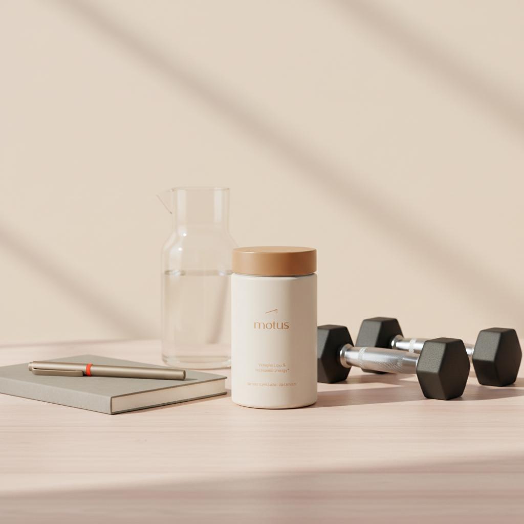 Minimalist photo of Motus supplement on a wooden table with notebook and light dumbbells, illustrating testosterone and belly fat and a daily weight-management routine.