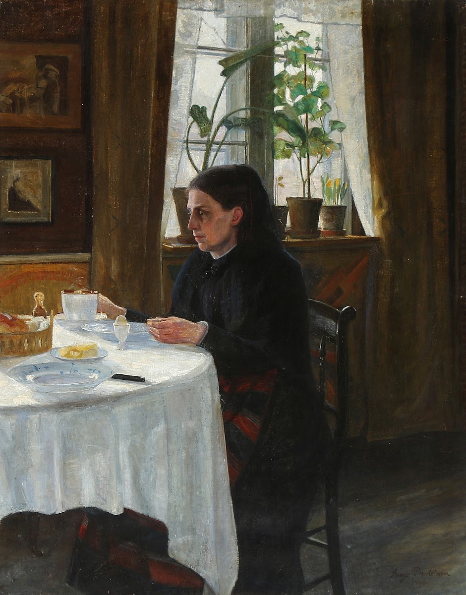Kunstnerens mor Agnes siddende ved morgenmaden 1900