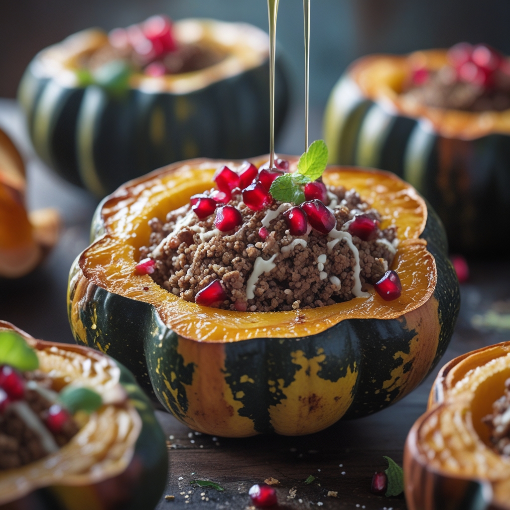 Moroccan-Spiced Lamb & Quinoa Stuffed Acorn Squash with Pomegranate Yogurt-Tahini Drizzle