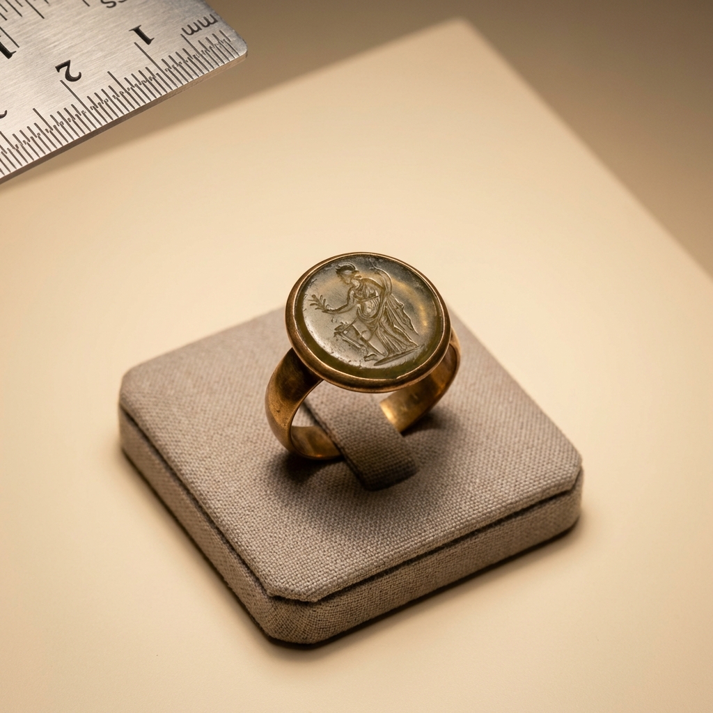 Close macro of a Roman intaglio bezel with carved detail and aged patina beside a partially visible metric ruler for scale ancient rings