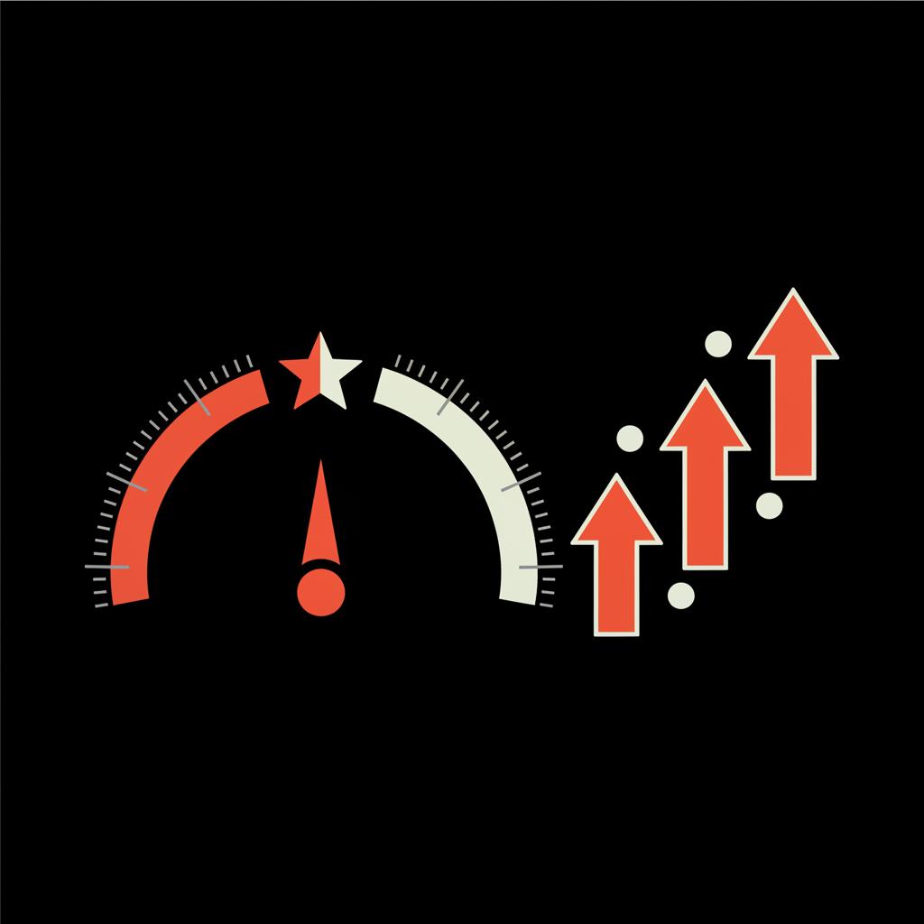 Minimal 2D vector infographic of a half-star rating gauge and three upward arrows on a black background using Glassdoor accent #dc5c2b with tones #dddddd and #edf1e9.