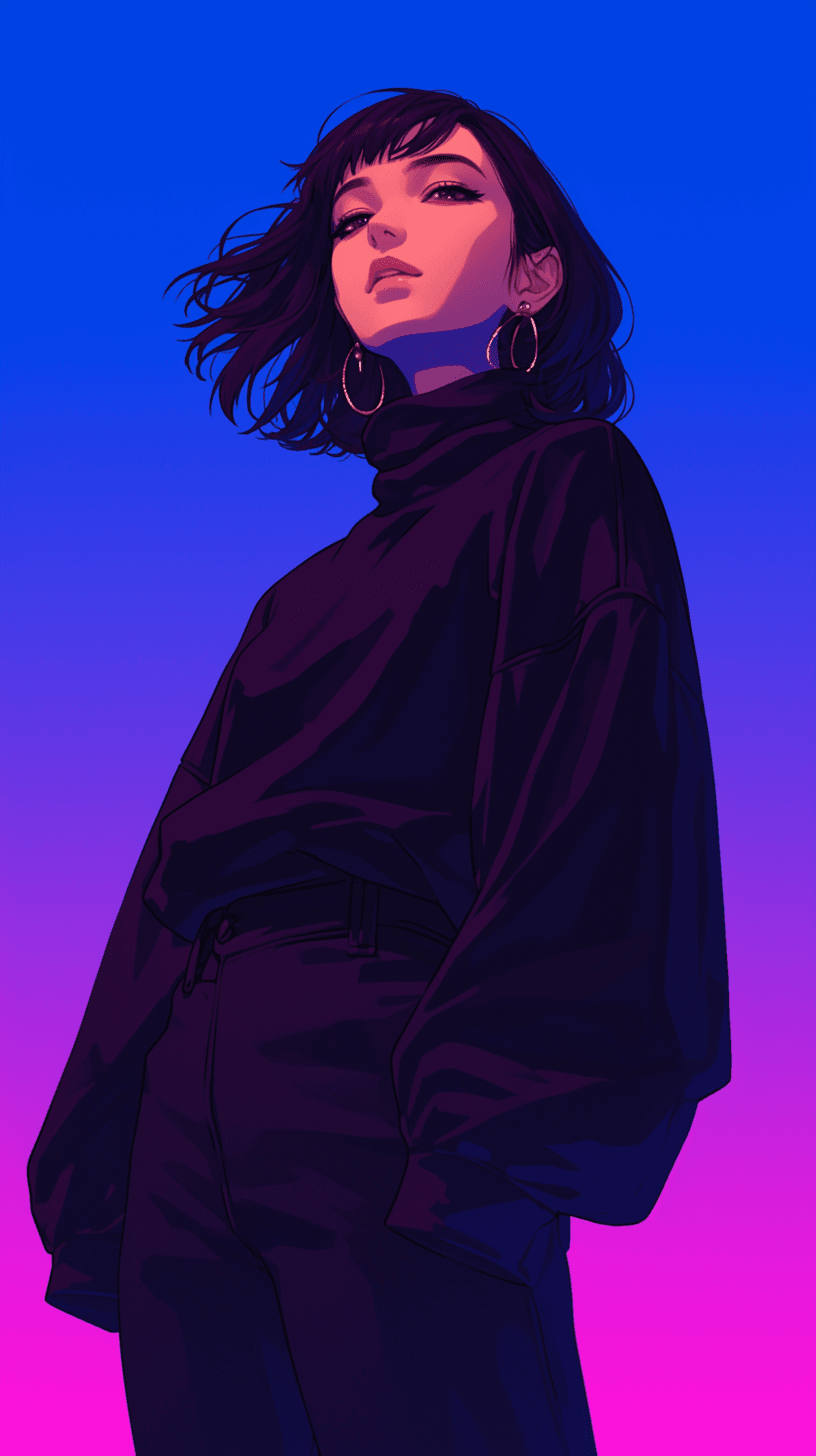 Modelo asiática morada y azul