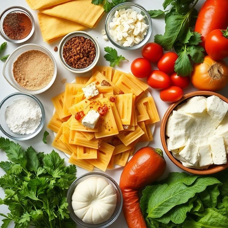 Ingredients for Easy Mediterranean Vegetable Pasta Bake with Feta and Mozzarella – Quick, Cheesy Comfort