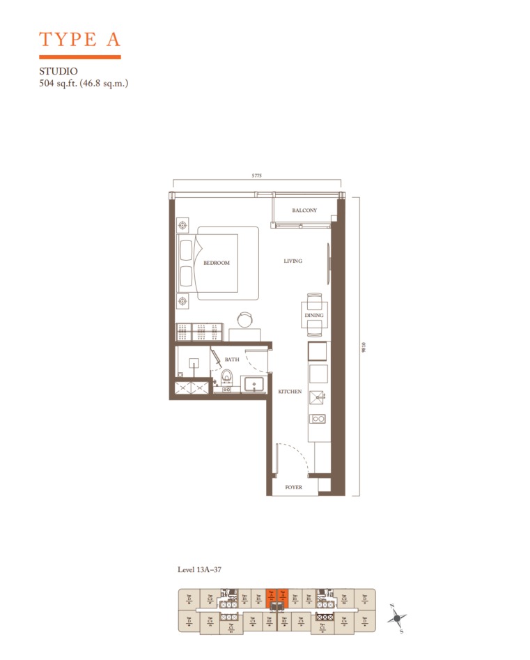 Pavilion Square Residences Type A floor plan — 504 sq ft, 1 bedrooms