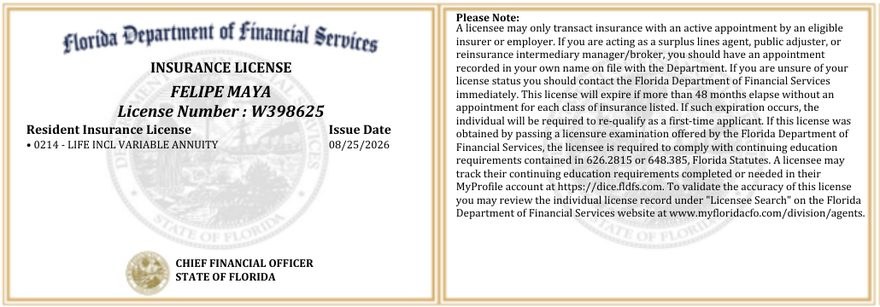 Licencia de seguros del estado de Florida — Felipe Maya